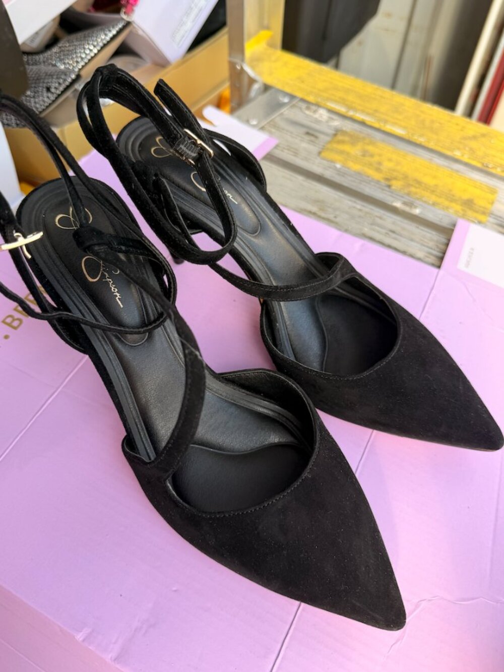 Jessica Simpson Black Suede Pointed Toe Slingback Heels | Size 8